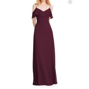 Levkoff Ruffle Shoulder Chiffon gown in Wine color